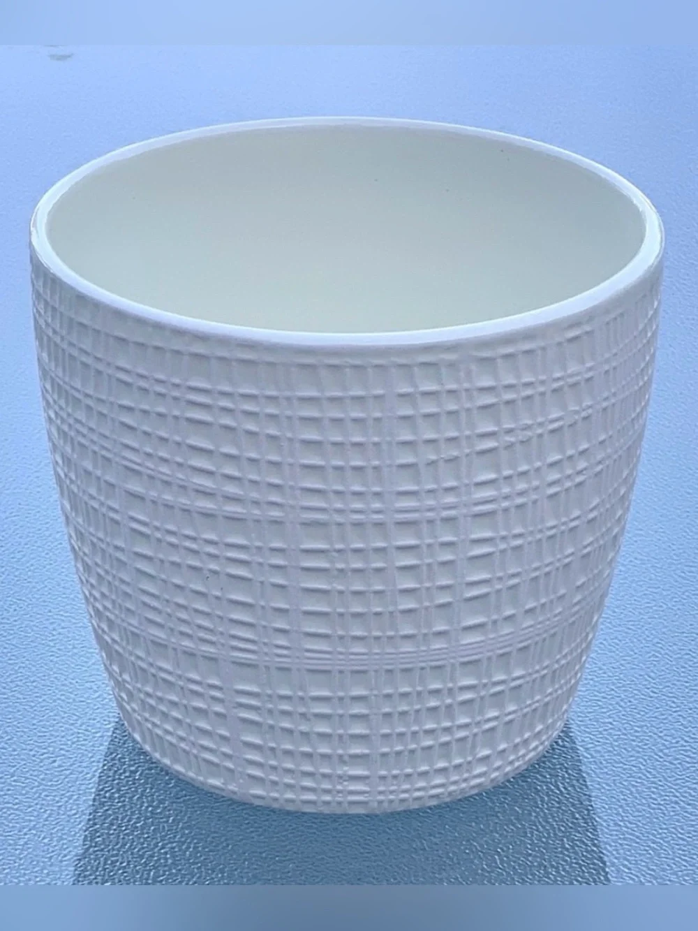 Round, Off-White/Beige Textured Subtle Woven Pattern Ceramic Plant Pot ~ 5”x5”